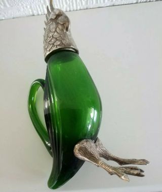 RARE ANTIQUE GREEN GLASS AND SILVER COCKATOO FORM SCENT PERFUME BOTTLE DECANTER 7