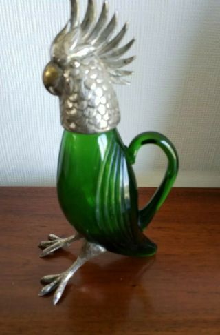 RARE ANTIQUE GREEN GLASS AND SILVER COCKATOO FORM SCENT PERFUME BOTTLE DECANTER 9