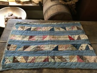 Antique Handmade Large Doll’s Quilt Calico Blue Brown Red Textile Aafa