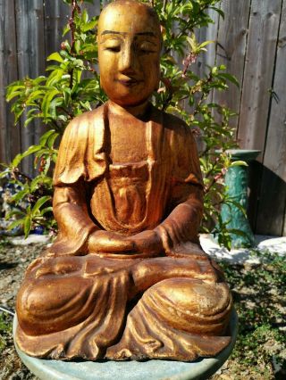 Estate Old Chinese18th Gold Gilt Wood Carved Buddha Asian China
