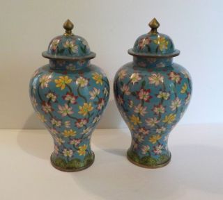 Pair 19th C.  Chinese Cloisonne Enamel 11 " Lidded Vases