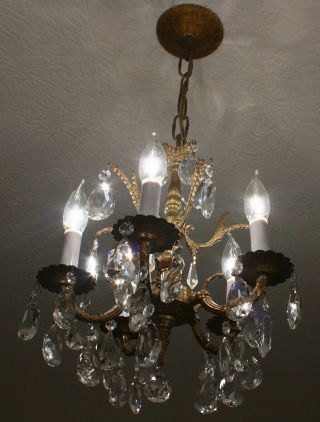 Antique Vintage Brass Crystal French Petite Ceiling Light Fixture Chandelier