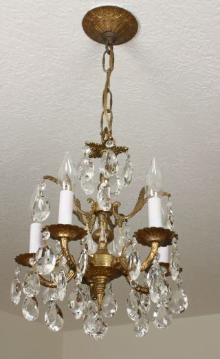 Antique VIntage Brass Crystal French PETITE Ceiling Light FIxture CHANDELIER 4