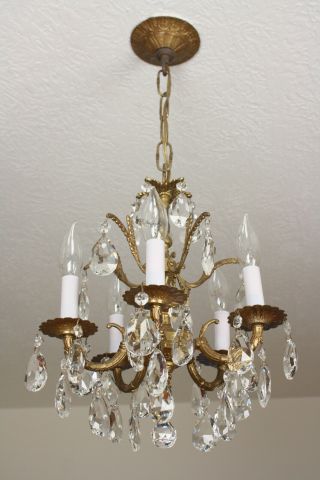 Antique VIntage Brass Crystal French PETITE Ceiling Light FIxture CHANDELIER 5