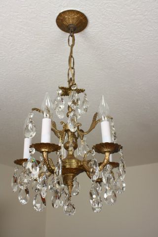 Antique VIntage Brass Crystal French PETITE Ceiling Light FIxture CHANDELIER 6