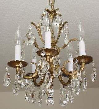 Antique VIntage Brass Crystal French PETITE Ceiling Light FIxture CHANDELIER 7