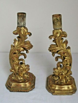 Antique 18th Century Ornately Carved Wood Gilt Candlesticks 13 1/2 "