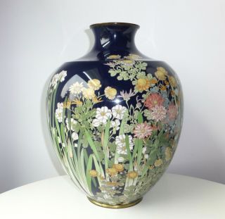 Antique Japanese Meiji Cloisonne Vase Enamel Flower Garden Narcissus Large 12 "