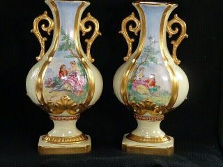 Antique SEVRES French Porcelain Pair Bolted Handpainted HP Vases Signed Lenoir 12