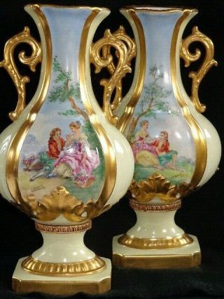 Antique Sevres French Porcelain Pair Bolted Handpainted Hp Vases Signed Lenoir