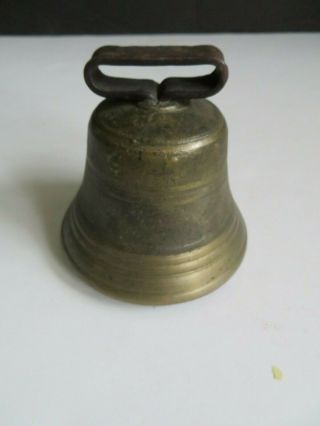 Vintage Antique Primitive Cast Brass Farm Cow Bell With Iron Strap Handle