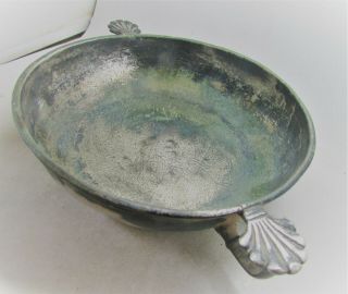 ANCIENT ROMAN SILVERED BRONZE BOWL WITH TWIN SCALLOP HANDLES 3