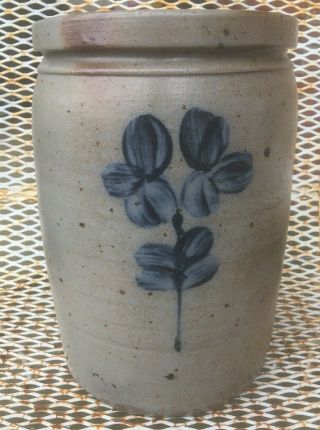 Antique 10 1/2” Tall Salt Glazed Blue Flower Decorated Stoneware Jar