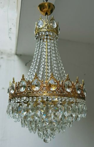 Antique Vintage Brass & Crystals Large French Chandelier Lighting Ceiling Lamp