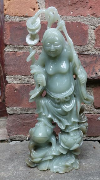 LARGE VINTAGE CHINESE JADE STATUE OF IMMORTAL STEPPING ON JIN CHAN MONEY FROG 9