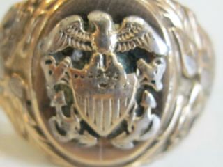 Vintage Us Navy Officers Insignia Eagle Crest 925 Sterling Silver Gold Ring 9.  5