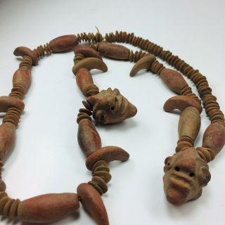 Rare Pre - Columbian Face Artifact Sinew Necklace Claw Human Heads Aztec Maya Inca