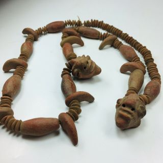 Rare Pre - Columbian Face Artifact Sinew Necklace Claw Human Heads Aztec Maya Inca 9