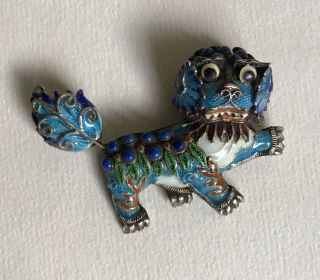 Antique Chinese Foo Dog Filigree Brooch.  925 Silver Enamel w Lapis Lazuli Stones 10