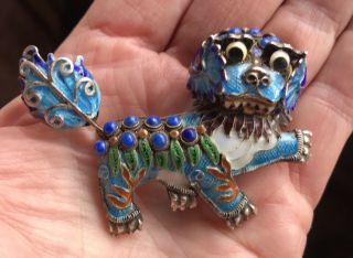 Antique Chinese Foo Dog Filigree Brooch.  925 Silver Enamel w Lapis Lazuli Stones 12