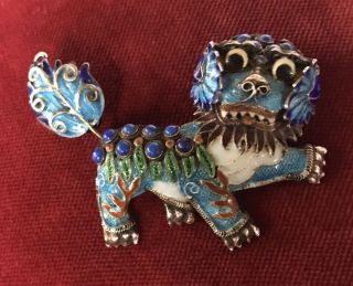 Antique Chinese Foo Dog Filigree Brooch.  925 Silver Enamel W Lapis Lazuli Stones