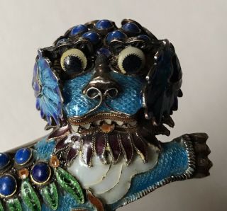 Antique Chinese Foo Dog Filigree Brooch.  925 Silver Enamel w Lapis Lazuli Stones 2