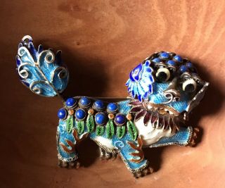 Antique Chinese Foo Dog Filigree Brooch.  925 Silver Enamel w Lapis Lazuli Stones 3