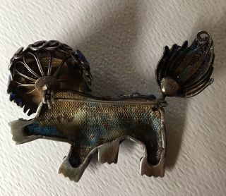 Antique Chinese Foo Dog Filigree Brooch.  925 Silver Enamel w Lapis Lazuli Stones 4