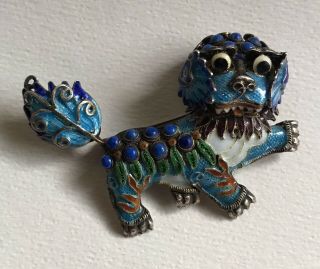 Antique Chinese Foo Dog Filigree Brooch.  925 Silver Enamel w Lapis Lazuli Stones 6