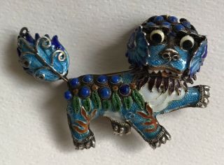 Antique Chinese Foo Dog Filigree Brooch.  925 Silver Enamel w Lapis Lazuli Stones 7