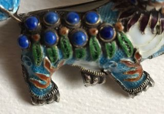 Antique Chinese Foo Dog Filigree Brooch.  925 Silver Enamel w Lapis Lazuli Stones 9