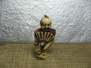 Japanese Netsuke Staghorn Mikawa Manzai Dancer Has Fan Carved In Edo Era