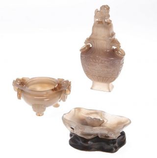 Chinese Antique Agate Carving Censer,  Vase And Washer