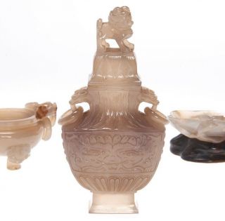 Chinese Antique Agate Carving Censer,  Vase and Washer 2
