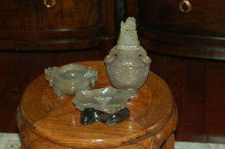 Chinese Antique Agate Carving Censer,  Vase and Washer 6