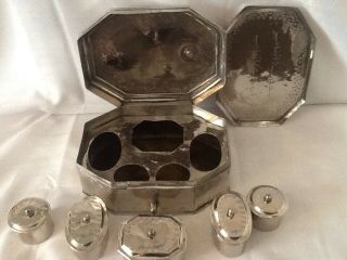8x 6 Antique Middle East Islamic Silver Plate Spice Pail Box /tin & Tray Arabic 8
