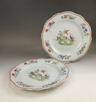 A Rare/beautiful Chinese 18c Famille Rose " Cormorant " Plates - Qianlong