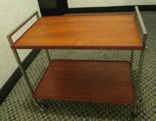 Vintage 60 ' s Mid Century Modern Danish Teak Wood Rolling 2 level Bar Cart 4