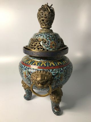 Antique Oriental Chinese Cloisonne Figural Lion Head Censer Incense Burner