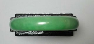 Fine Vintage Chinese Green Jadeite Bracelet On Carved Wood Stand 55mm 44 Grams
