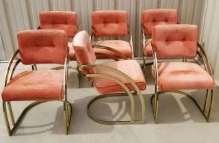 Mid Century Cal - Style Milo Baughman Era 6 Brass Dbl Bar Cantilever Dining Chairs