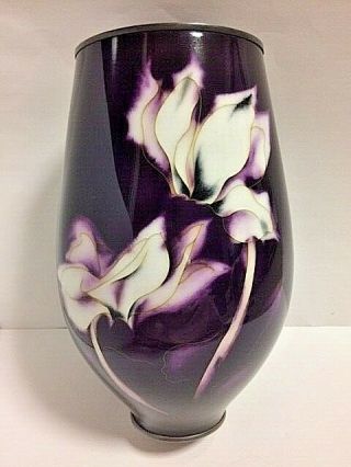 Marked Ando Japanese Cloisonne Vase With Cyclamen,  Silver Rims
