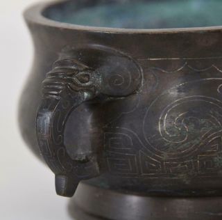 17/18C Chinese Silver Wire Inlaid Bronze Censer Shisou Mark Elephant Handles 10
