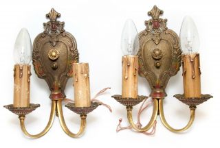 Ornate Cast Brass Two Arms Electric Wall Fixture Sconces Antique Vintage
