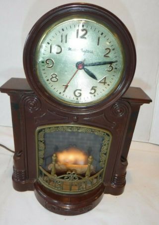 Vintage Master Crafters Animated Flame Fireplace Clock Motion Lighted Runs Good