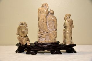 antique hand carved soapstone Chinese figures with wooden stand 3