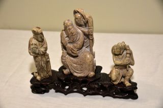 antique hand carved soapstone Chinese figures with wooden stand 9