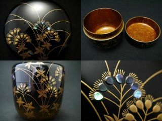 Japan Lacquer Wooden Tea Caddy Boneset Makie Natsume Gorgeous Nashiji Inside 524