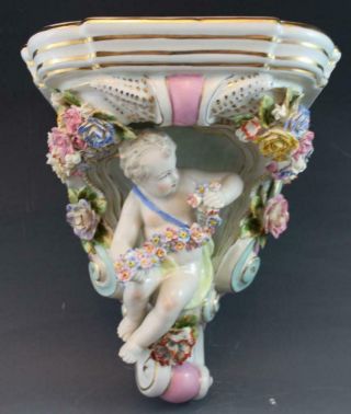Antique Pair German Dresden Porcelain Cherubic Floral Encrusted Wall Shelves 2