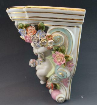 Antique Pair German Dresden Porcelain Cherubic Floral Encrusted Wall Shelves 5